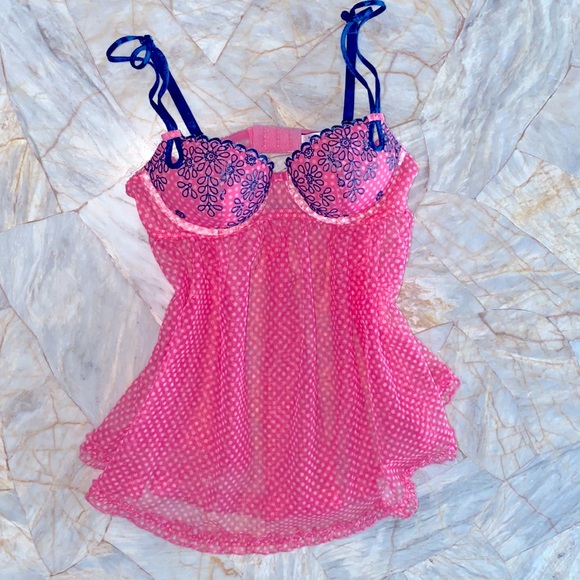 34B Pink Polka Dot Sexy Little Things Flyaway Babydoll Lace Mesh Flyaway - Picture 7 of 9